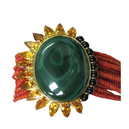 23587 Malachite, Citrine and Onyx Beads on multi Strand Coral Bead Bracelet Designed and Handmade by Kaufmann de Suisse in 18kt Yellow Gold fetauring 1 Oval Malachite measuring 36 x 26mm, 9 Round