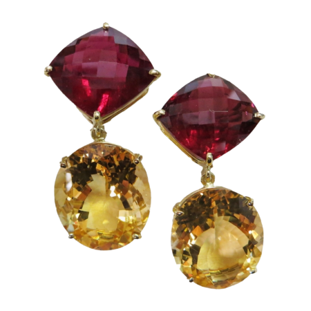 23643 Rubellite & Citrine Dandle Drop Earrings Designed & Handmade by Kaufmann de Suisse in 18kt Yellow Gold featuring 2 Checkerboard Cushion Cut Rubellites weighing a total of 20.73cts and 2 Oval