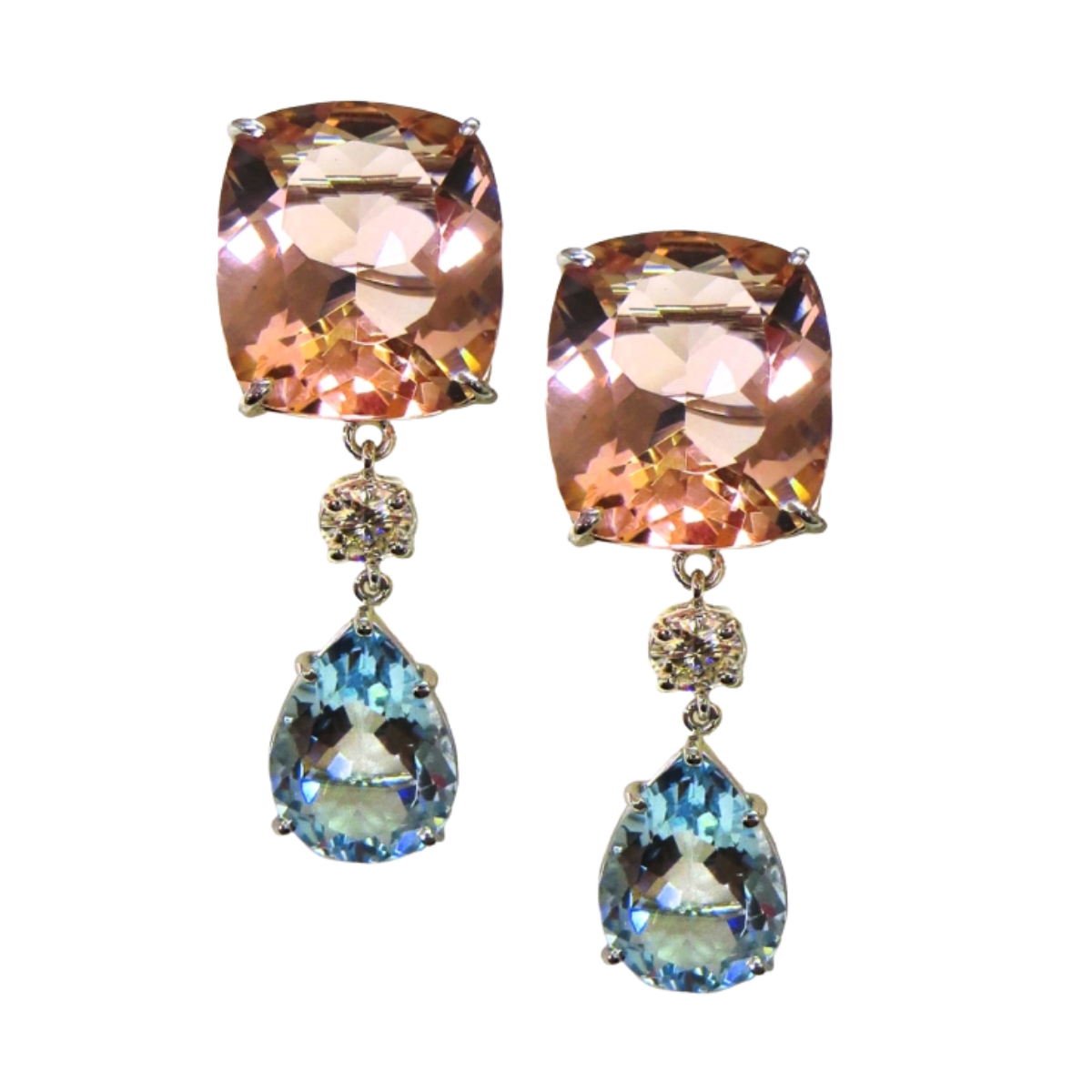 23652 Morganite, Diamond & Aquamarine Dangle Drop Earrings Designed & Handmade by Kaufmann de Suisse in 18kt White Gold featuring a Pair of Cushion Cut Morganites weighing a total of 35.91cts 2 Ro