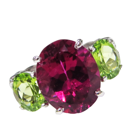 23684 Three Stone Double Flowing Lines Aquamarine, Peridot & Diamond Ring Designed & Handmade in Platinum by Kaufmann de Suisse featuring 4.28cts Aquamarine and 2 Peridot weighing a total of 2.33c