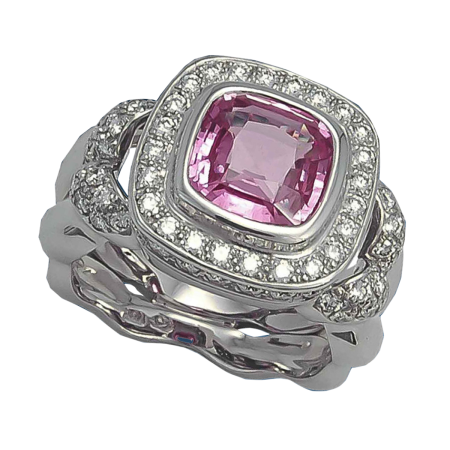 23685 Wide Double Flowing Lines Pink Tourmaline and Diamond Ring Designed & Handmade by Kaufmann de Suisse in Platinum featuring one Cushion Cut Pink Tourmaline weighing 7.97cts mounted with 64 Ro