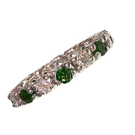 23692 Tsavorite & Diamond Eternity Band Handmade by Kaufmann de Suisse in Platinum with 8 Round Brilliant Cut Tsavorites weighing 1.08 cts and 8 Round Brilliant Cut GVS Quality Diamonds weighing 0