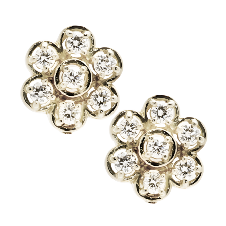 23737 Diamond Cluster Floral Clip Back Earrings Designed & Handmade by Kaufmann de Suisse in 18kt White Gold featuring 12 Round Brilliant cut GVS Quality Diamonds weighing a total of 2.47cts