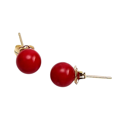 23743 14kt Yellow Gold Red Coral Stud Earrings measuring 7.5mm each