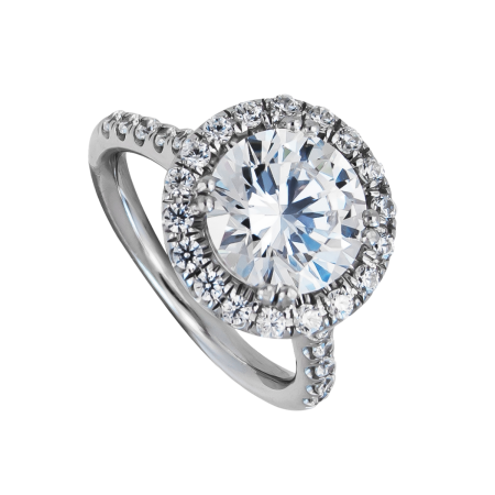23766 Classic Diamond Engagement Ring Designed and Handmade in 18kt White Gold featuring one Round Brilliant Cut 1.36cts HSI2 Quality mounted with a halo and a scalloped design with