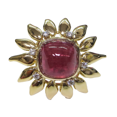23779 Floral Red Tourmaline and Diamond Ring Designed & Handmade by Kaufmann de Suisse in 18kt Yellow Gold featuring 1 Cushion Shaped Red Tourmaline Cabochon and 6 Round Brilliants Cut GSI Quality