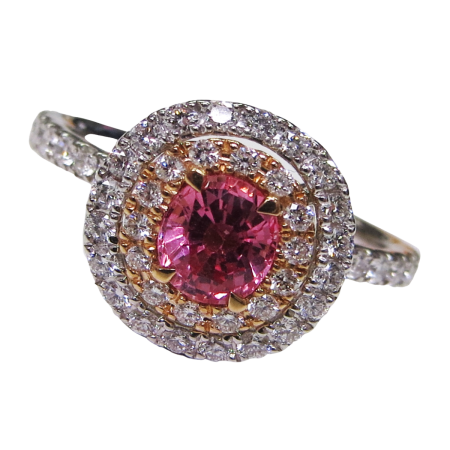 23788 Classic Double Halo Padparasha Sapphire Ring Designed and Handmade in Platinum and 18kt Rose Gold featuring one 0.74cts Oval Padparasha Sapphire surrounded and mounted