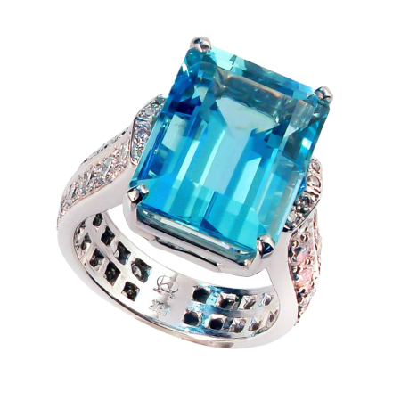 23844 Classic Aquamarine & Diamond Ring Designed & Handmade by Kaufmann de Suisse in Platinum featuring 1 Emerald Cut Aquamarine weighing 5.46cts and 44 GVS Quality Diamonds weighing a total of 0.