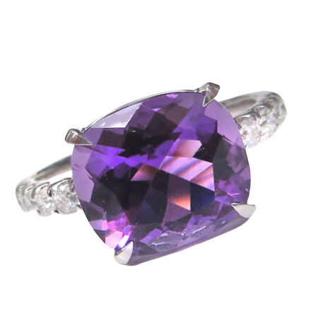 23861 Casual & Elegant Classic Amethyst & Diamond Ring Designed & Handmade by Kaufmann de Suisse in 18kt White Gold featuring 1 Cushion Cut Amethyst weighing 3.60cts mounted with 8 Round Brilliant (1)