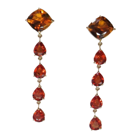 23873 Citrine & Orange Sapphire Dangle Drop Earrings Designed & Handmade by Kaufmann de Suisse in 18kt Yellow Gold featuring 2 Cushion Cut Citrines weighing a total of 7.69cts and 8 Pear Shape Ora