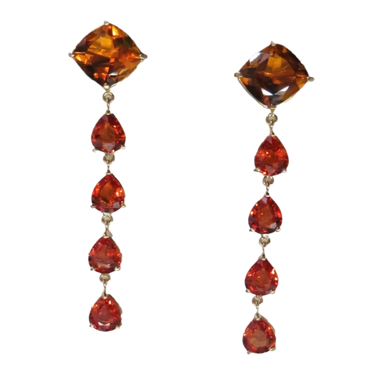 23873 Citrine & Orange Sapphire Dangle Drop Earrings Designed & Handmade by Kaufmann de Suisse in 18kt Yellow Gold featuring 2 Cushion Cut Citrines weighing a total of 7.69cts and 8 Pear Shape Ora