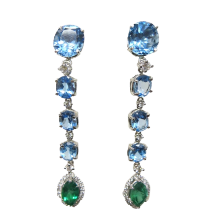 23875 Blue Topaz & Diamond Dangle Drop Earrings Designed & Handmade by Kaufmann de Suisse in 18kt White Gold featuring 8 Oval Blue Topaz weighing a total of 13.11cts and 6 Round Brilliant