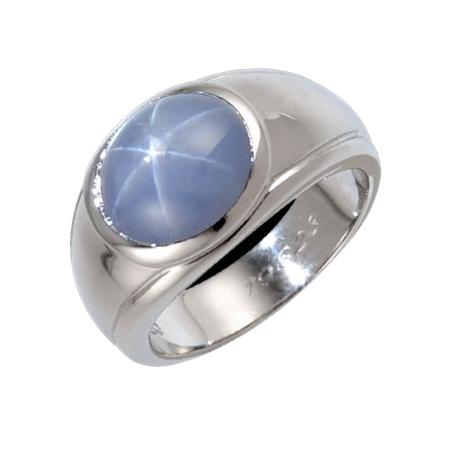 23880 Classic Gent's Star Sapphire & Diamond Ring Designed & Handmade by Kaufmann de Suisse in 18kt White Gold featuring one 13.55cts Oval Diffusion Treated Star Sapphire flanked by 2 Straight Bag