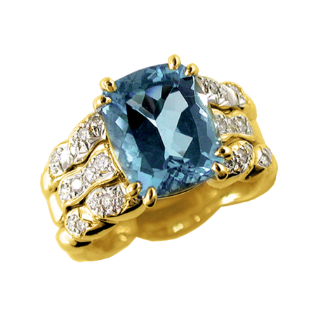 23897 Triple Flowing Lines Blue Topaz and Diamond Ring Designed & Handmade by Kaufmann de Suisse in 18kt Yellow Gold featuring one Cushion Cut 23.05cts very fine Blue Topaz mounted with 130 Round