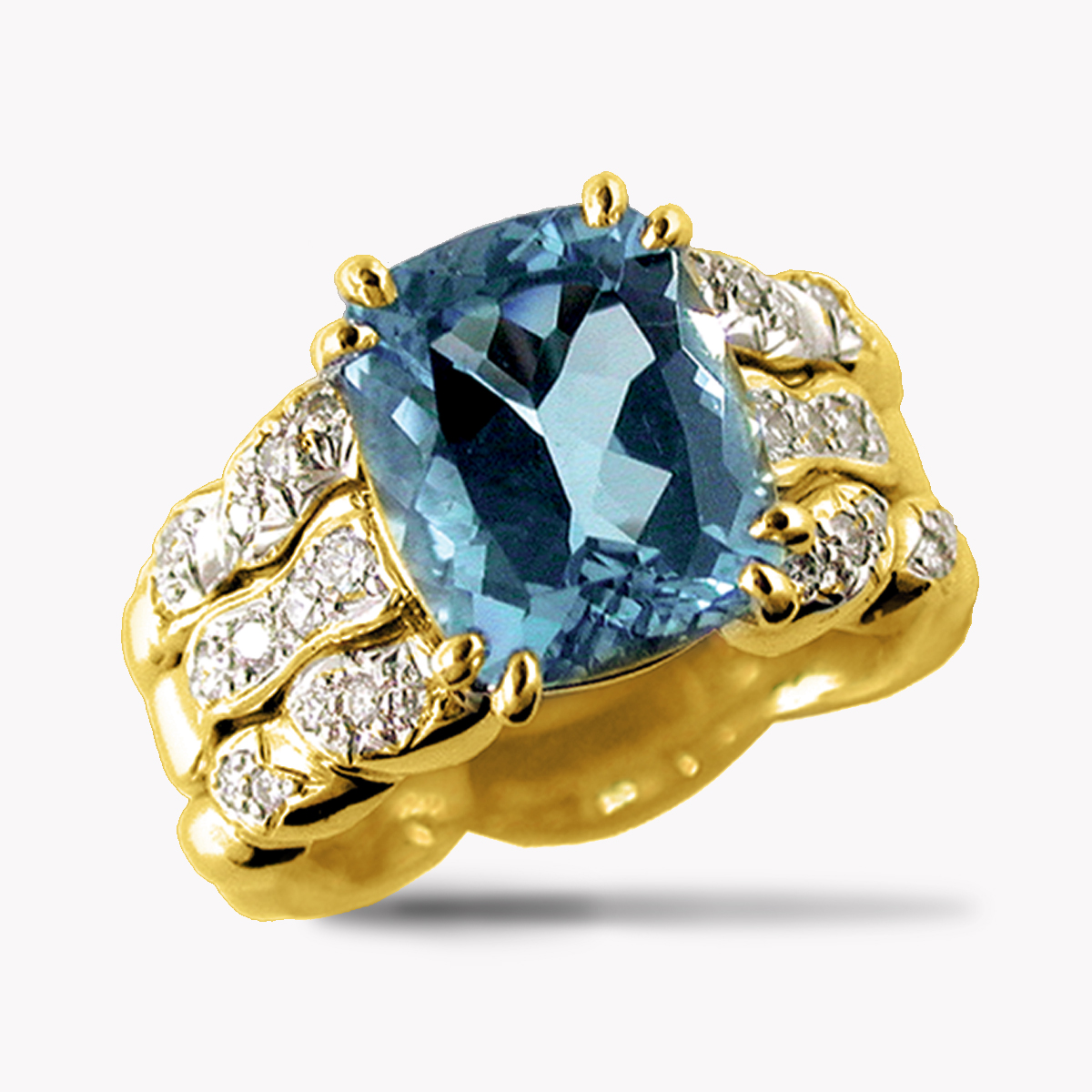 23897 Triple Flowing Lines Blue Topaz and Diamond Ring in Yellow Gold
