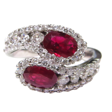 23905 Classic Criss Cross Ruby & Diamond Ring Designed & Handmade in 18kt White Gold featuring 2 Oval Rubies weighing a total of 2.02cts amd 111 Round Brilliant Cut ISI Quality Diamonds weighing a