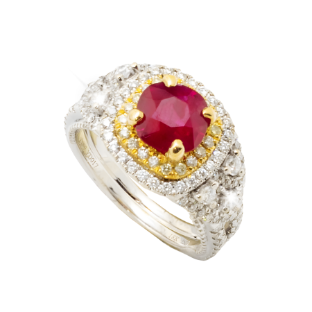 23907 urma Ruby & Diamond Ring Designed & Handmade in 18kt Yellow & White Gold featuring one Cushion Cut 1.93cts