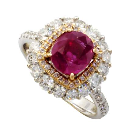 23908 Classic Ruby and Diamond Ring Designed & Handmade in 18kt White and Yellow Gold featuring 1 Oval Cut AGL Certified Burma Ruby weighing 1.86cts accented by 28 Round Brilliant Cut Pink Diamond