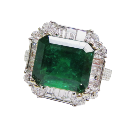 23911 Classic Emerald & Diamond Ring Designed & Handmade in 18kt White Gold feturing one Square Cut AGL Ceritifed 4.11cts Emerald mounted with 40 GVS Quality Round Diamonds weighing a total of 1.5