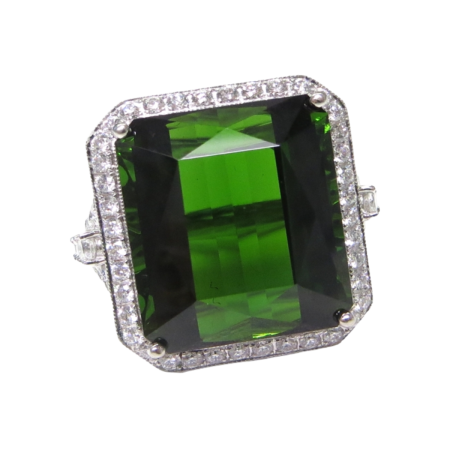 23912 Green Tourmaline and Diamond Ring Designed & Handmade in Platinum featuring 1 Emerald Cut Green Tourmaline weighing 23.80cts mounted with 160 Round Brilliant Cut GVS Quality Diamonds weighin