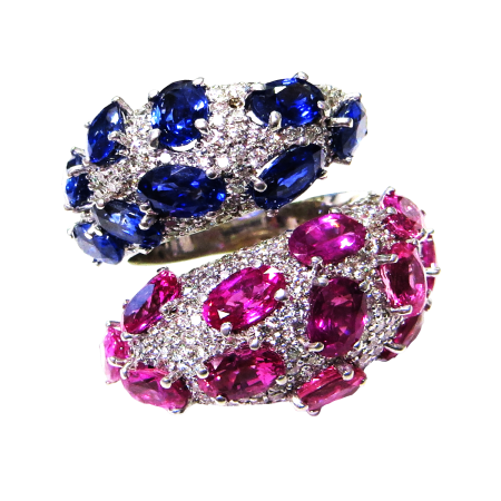 23913 Pink & Blue Sapphire & Diamond Criss Cross Ring Designed and Handmade in 18kt White Gold featuring 12 No Heat Pink Sapphires weighing a total of 6.00cts, 9 Oval No Heat Blue Sapphires weighi