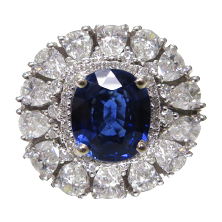 23914 Ballerina Style Blue Sapphire & Diamond Halo Ring Designed and Handmade in 18kt White Gold featuring one Oval Blue Sapphire weighing 2.53cts AAA Quality surrounded by 14 Pear Shape Diamonds