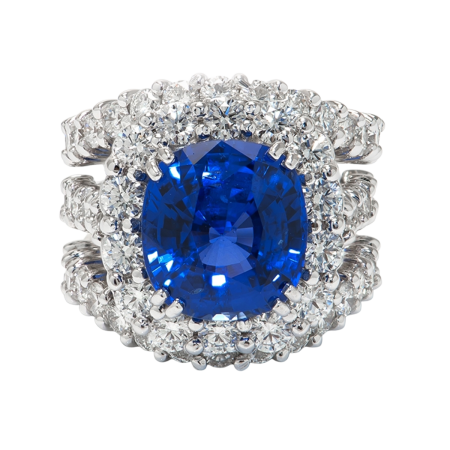 24086 SuperNova Sapphire & Diamond Ring Designed & Handmade by Kaufmann de Suisse in 18kt Yellow Gold & Platinum featuring 1 Oval Cut 8.27cts Blue Sapphire mounted with 2 Pear Shape HVS Quality Di