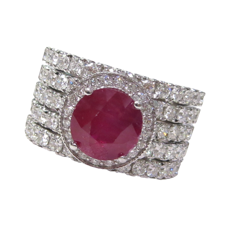 24124 5 Row Half Hoop Diamond Ring Designed and Handmade in 18kt White Gold featuring one Oval 3.05cts AGL Certified African Oval Ruby with Diamond Halo and mounted