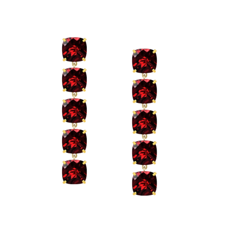 24129 Rhodolite Garnet Dangle Drop Earrings Designed & Handmade by Kaufmann de Suisse in 18kt Yellow Gold featuring 12 Cushion Cut Rhodolite Garnets weighihng a total of 19.44cts