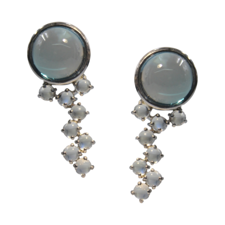 24148 Blue Topaz Cabochon & Moonstone Drop Clip Earrings Designed & Handmade by Kaufmann de Suisse in 18kt White Gold featuring 2 Cabochon Cut Round Blue Topaz weighing a total of 20.83cts and 16
