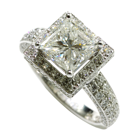 24254 Diamond Engagement Ring Designed and Handmade by Kaufmann de Suisse in Platinum featuring 0.50cts ISI Quality Princess Cut Diamond mounted with 38 Round
