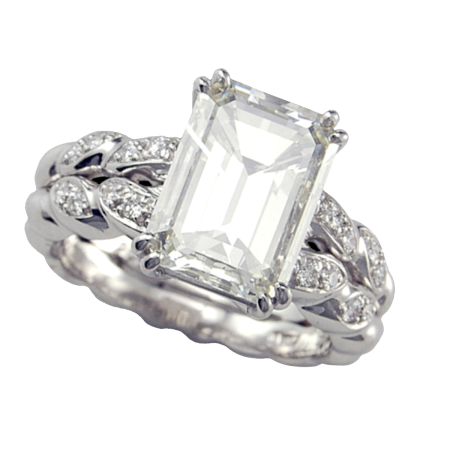 24257 Emerald Cut Diamond Engagement Ring Designed & Handmade by Kaufmann de Suisse in 18kt White Gold and Platinum featuring one 2.81cts EVVS GIA Certified Emerald Cut Diamond mounted with 43 Rou