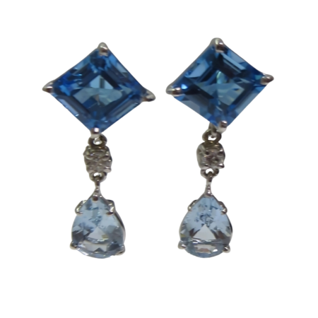 24270 Blue Topaz, Aquamarine & Diamond Dangle Drop Earrings Designed & Handmade by Kaufmann de Suisse in 18kt White Gold featuring 2 Square Emerald Cut Blue Topaz weighing a total of 12.10cts, 2 P