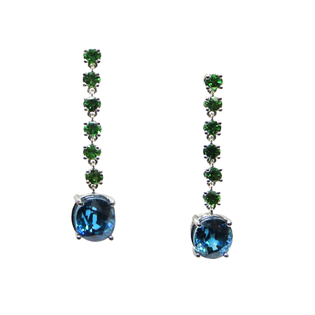24271 Tsavorite & Blue Zircon White Gold Dangle Drop Earrings Designed and Handmade by Kaufmann de Suisse in 18kt White Gold featuring 2 Oval Cut Blue Zircons weighing a total of 8.38cts and 12 Ro