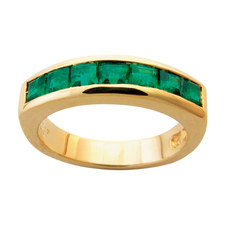 24284 Unisex Channel Set Emerald Half Eternity Ring Designed & Handmade by Kaufmann de Suisse in 18kt Yellow Gold featuring 7 Channel Set Emerald Cut Emeralds weighing a total of 7.45cts