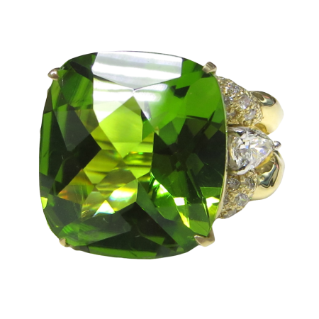24366 Three Stone Double Flowing Lines Green Tourmaline and Diamond Ring Designed and Handmade by Kaufmann de Suisse in 18kt White & Yellow Gold featuring one Oval 28cts Green Tourmaline flanked b