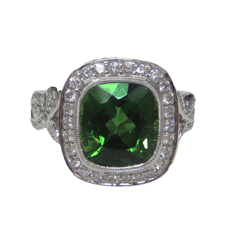 24503 Bezel Set Classic Chrome Tourmaline & Diamond Ring Designed & Handmade by Kaufmann de Suisse in 18kt White Gold featuring 1 Cushion cut Chrome Tourmaline weighing 4.74cts mounted with 144 Ro