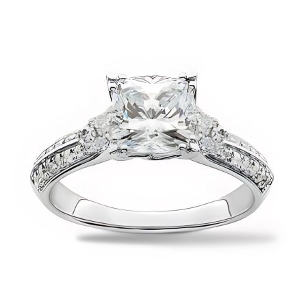 24533 Diamond Ring Designed & Handmade in 18kt White Gold featuring one GIA Certified 0.72cts FVVS2 Princess cut Diamond mounted with 8 Round Brilliant cut FVS Quality Diamonds weighing a total of