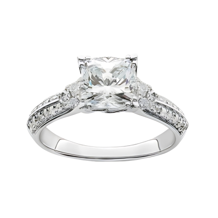 24533 Diamond Ring Designed & Handmade in 18kt White Gold featuring one GIA Certified 0.72cts FVVS2 Princess cut Diamond mounted with 8 Round Brilliant cut FVS Quality Diamonds weighing a total of