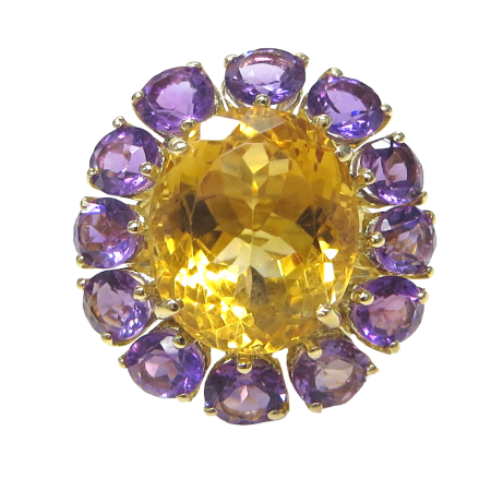24534 Citrine and Amethyst Flower Ring Designed & Handmade by Kaufmann de Suisse in 18kt Yellow Gold featuring 1 Oval Citrine weighing 12.83cts surrounded by 12 Round Amethysts weighing a total of