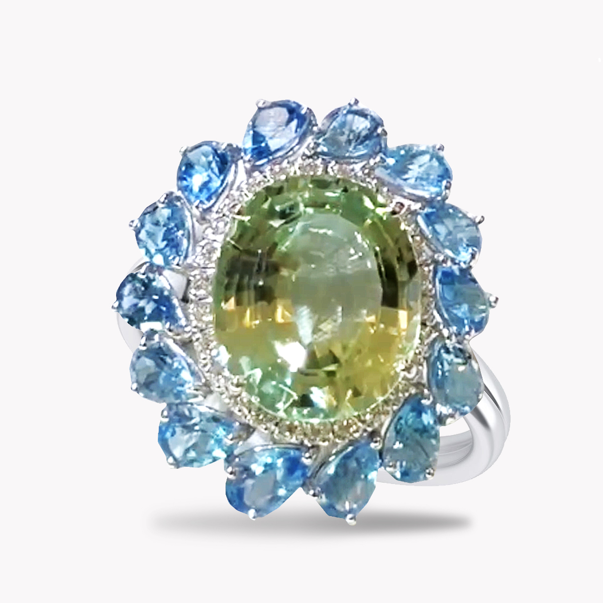 24611 Spodumene Blue Topaz Diamond Floral Cocktail Ring in White Gold