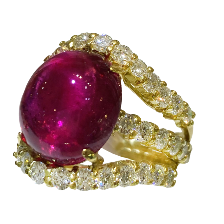 24725 Super Nova Rubellite and Diamond Ring from the Planetary Collection Designed & Handmade by Kaufmann de Suisse in 18kt Yellow Gold featuring one Oval 13.76cts Cabochon cut Rubellite mounted w