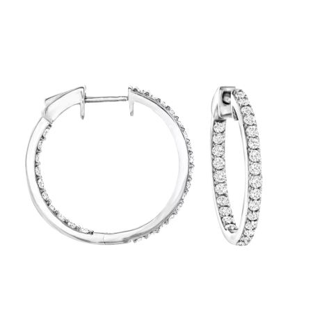 26167 Oval Diamond Inside Out Hoops 1 Inch in Diameter Designed and Handmade in 14kt White Gold featuring 24 Round Brilliant Cut HSI Quality Diamonds weighing a total of 4.08cts