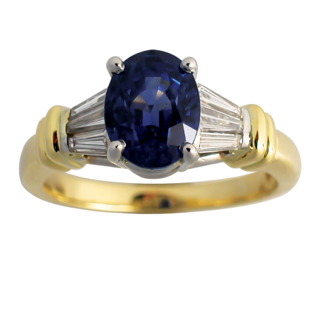 10587 Classic Blue Sapphire and Diamond Ring Designed & Handmade by Kaufmann de Suisse in 18kt Yellow Gold and Platinum featuring one Oval cut No Heat 2.40cts Ceylong Sapphire flanked by 6 FVVS Qu