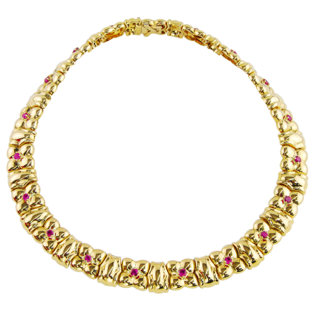 10989 Ruby Necklace Designed & Handmade by Kaufmann de Suisse in 18kt Yellow Gold featuring 19 Round Brilliant cut Rubies weighing a total of 3.51cts