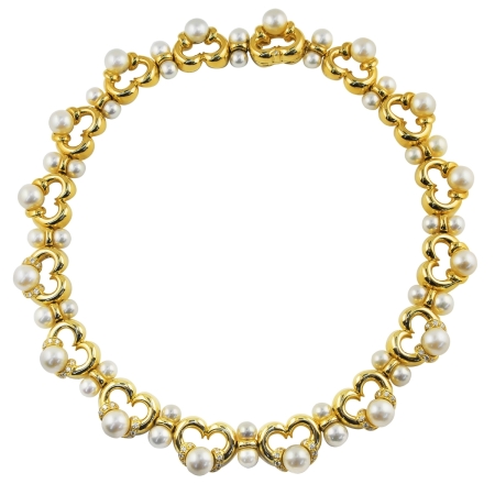 11678-One of a Kind Yellow Gold, Diamond & Pearl Collar Necklace Designed & Handmade by Kaufmann de Suisse in 18kt Yellow Gold featuring 57 Round Brilliant Cut F/VVS Quality Diamonds weighing a total of 1.19cts and 48 Akoya Pearls measuring 6 - 8.7mm