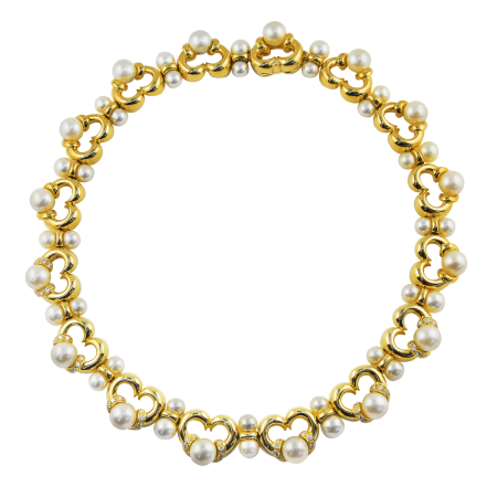 11678 One of a Kind Yellow Gold, Diamond & Pearl Collar Necklace Designed & Handmade by Kaufmann de Suisse in 18kt Yellow Gold featuring 57 Round Brilliant Cut FVVS Quality Diamonds weighing a tot