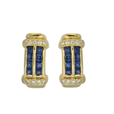 12738 Classic Sapphire & Diamond Clip Back Rectangular Huggy Earrings Designed & Handmade by Kaufmann de Suisse in 18kt Yellow Gold featuring 16 Square Cut Sapphires weighing a total of 1.38cts an