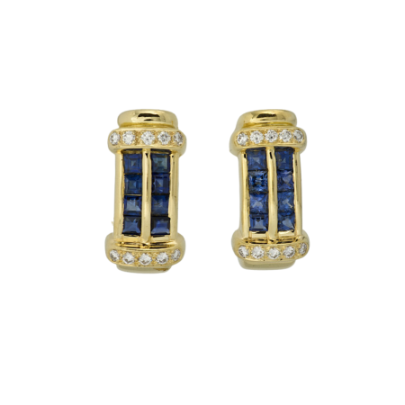 12738 Classic Sapphire & Diamond Clip Back Rectangular Huggy Earrings Designed & Handmade by Kaufmann de Suisse in 18kt Yellow Gold featuring 16 Square Cut Sapphires weighing a total of 1.38cts an