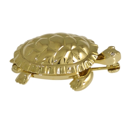 13532A Yellow Gold Turtle Pin Designed & Handmade by Kaufmann de Suisse in 18kt Yellow Gold featuring 2 Round Brilliant Cut FVVS Quality Diamonds weighing a total of 0.02cts